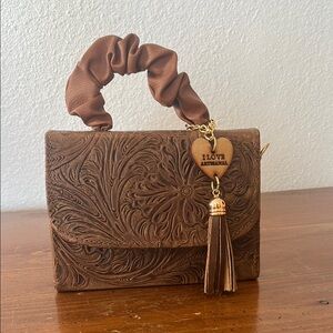 Embossed Leather Handbag with Tassel